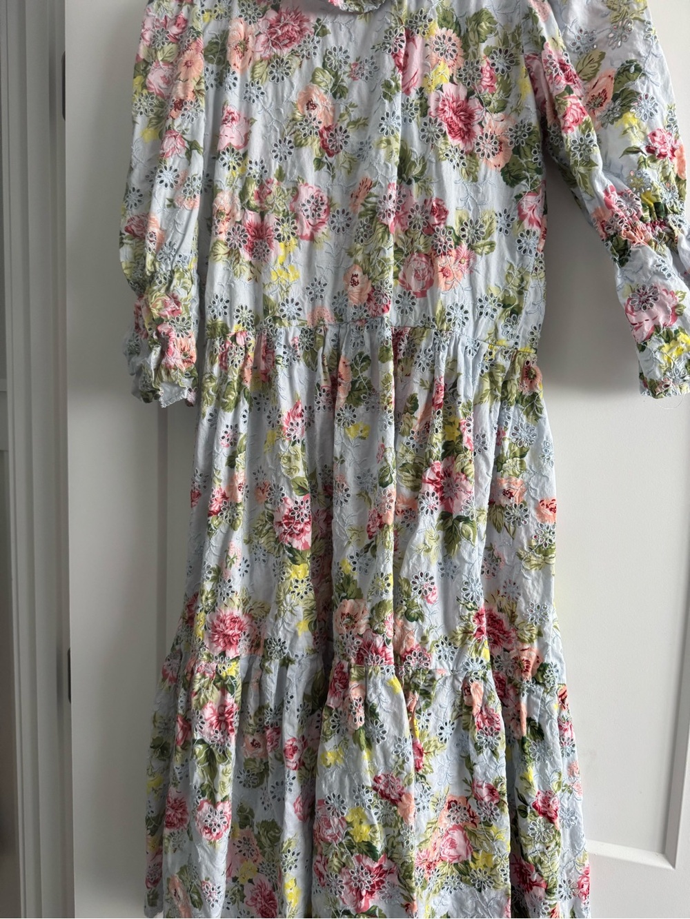 Handmade Floral Eyelet Tiered Dress in Light Blue and Pink